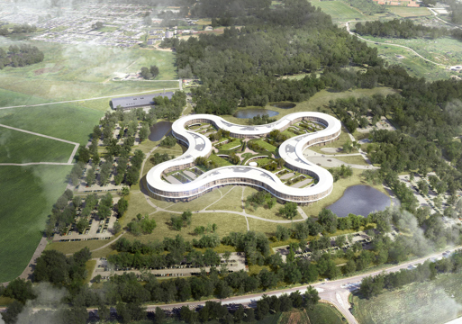 Oversiktsfoto av nytt hospital for Nordsjælland i kontekst. Arkitekt rendering.