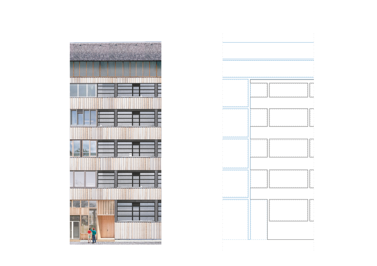Fasade prinsipp for bygg, collage av fasade og arkitekt tegning av oppriss.