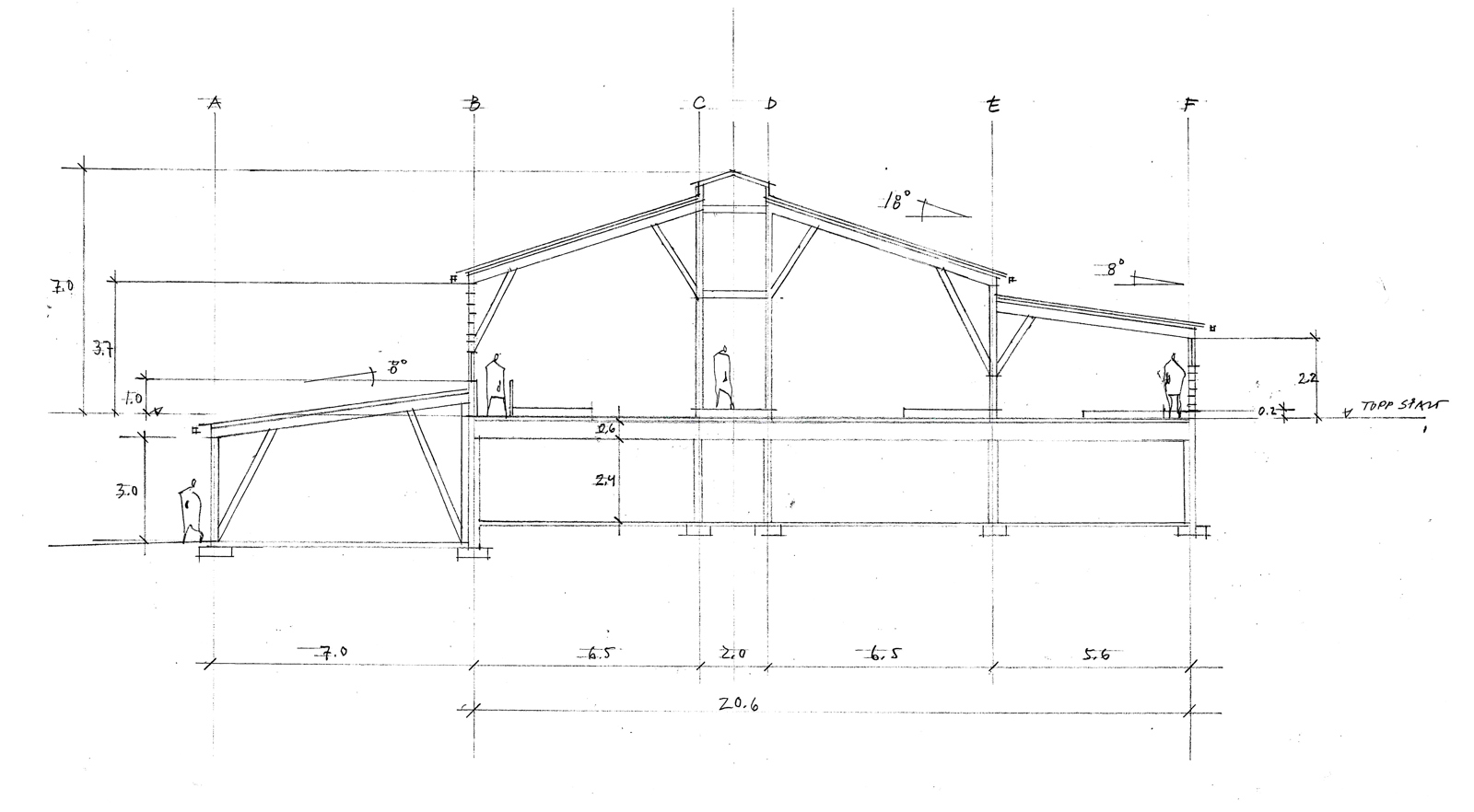 Arkitekt tegning av snitt gjennom fjøs.