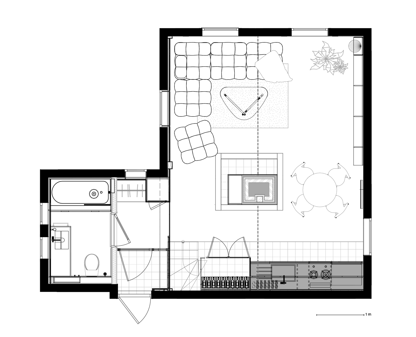 Plan tegning av første etasje på gjestehus. Arkitekt tegning. 