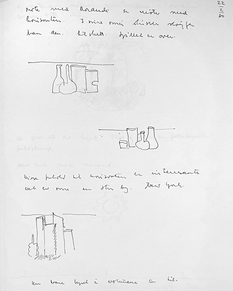 Skannet av side i skissebok med tekst og tegning.