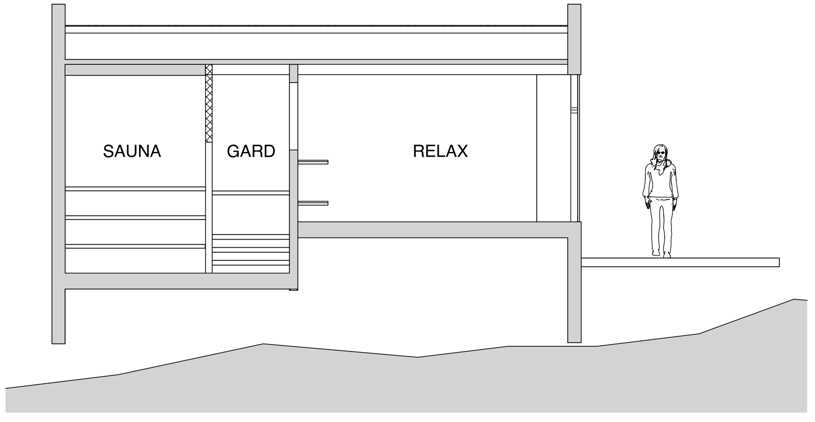 Snitt tegning av sauna, arkitekt tegning. 