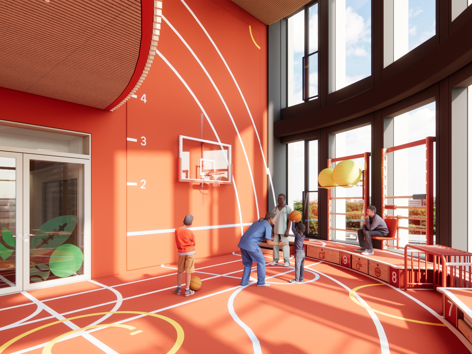 Interiør illustrasjon som viser en rød gymnastikksal med kurvet vegg.