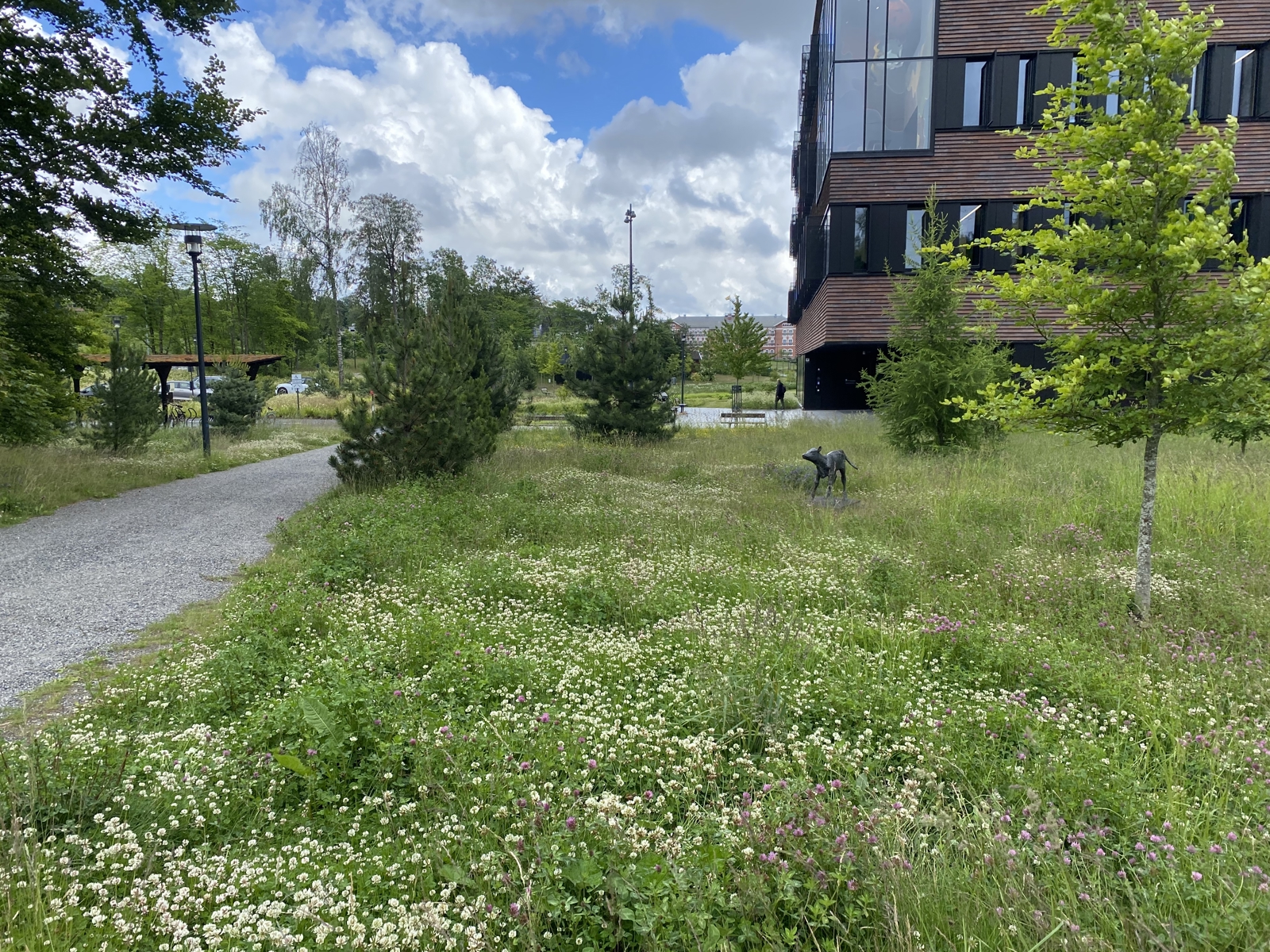 Foto av parkområde med gangvei og statue av en ku midt i det grønne.