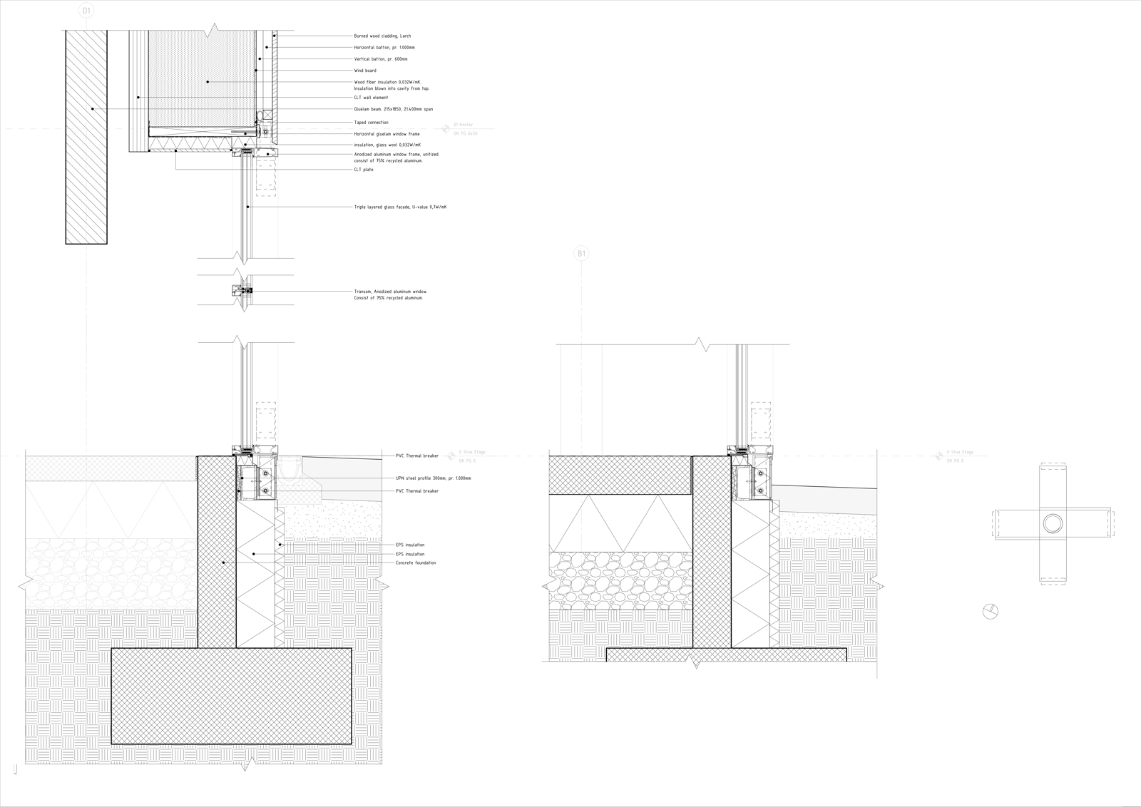 Detalj av glassfasade oppbygning. Teknisk tegning. 