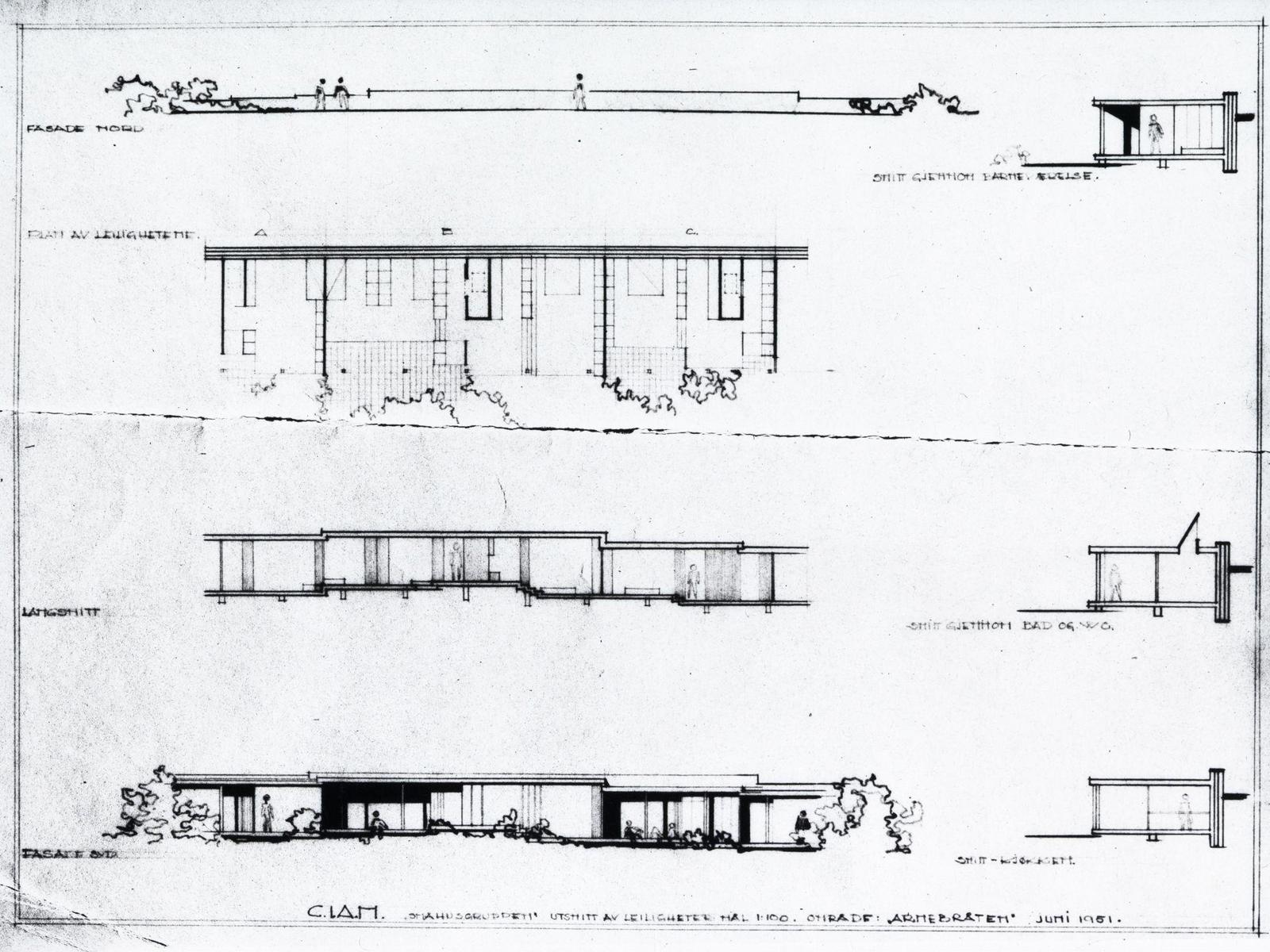 Snitt og oppriss av bolig, håndtegnet arkitekt tegning.