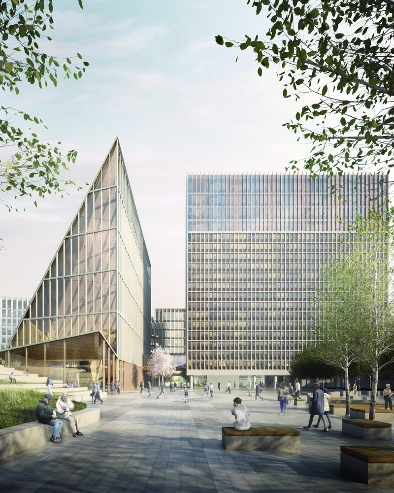 Digital illustrasjon som viser A-blokken flankerer Høyblokken i regjeringskvartalet 