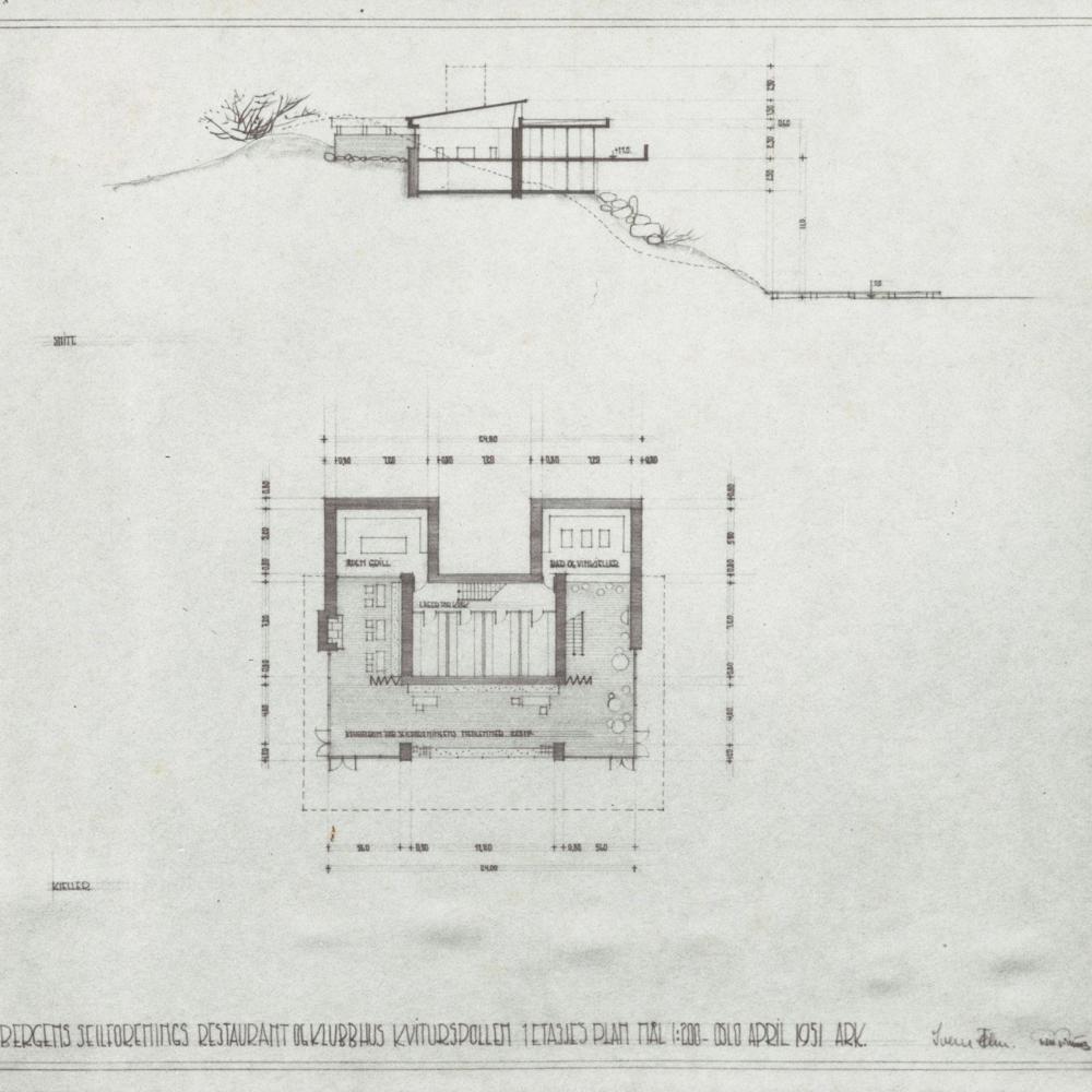 Plan og snitt tegning av hus for Bergen seilforening, arkitekt tegning.