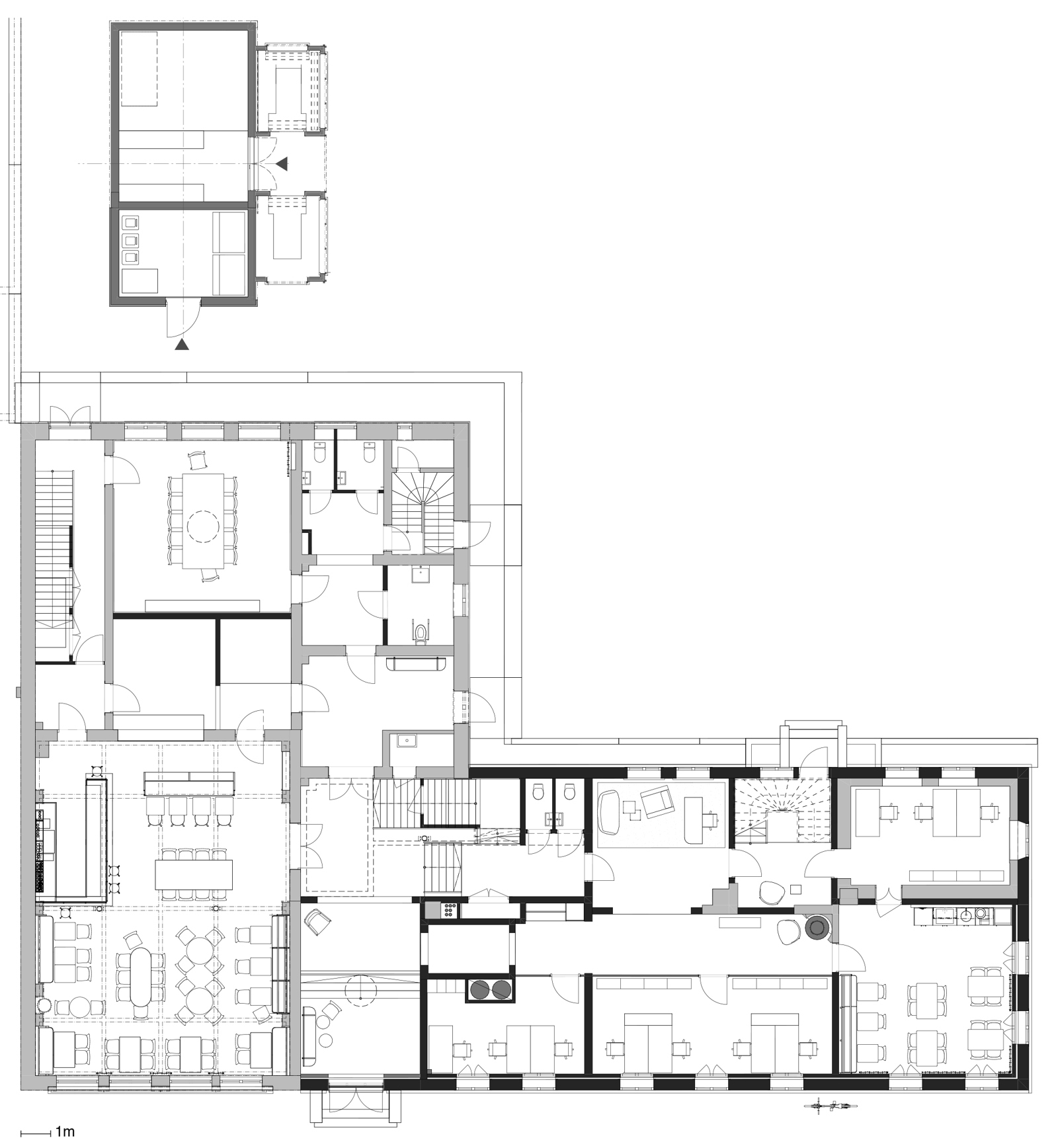 Møbleringsplan av første etasje på festiviteten, restaurantlokaler med mer, arkitekt tegning.