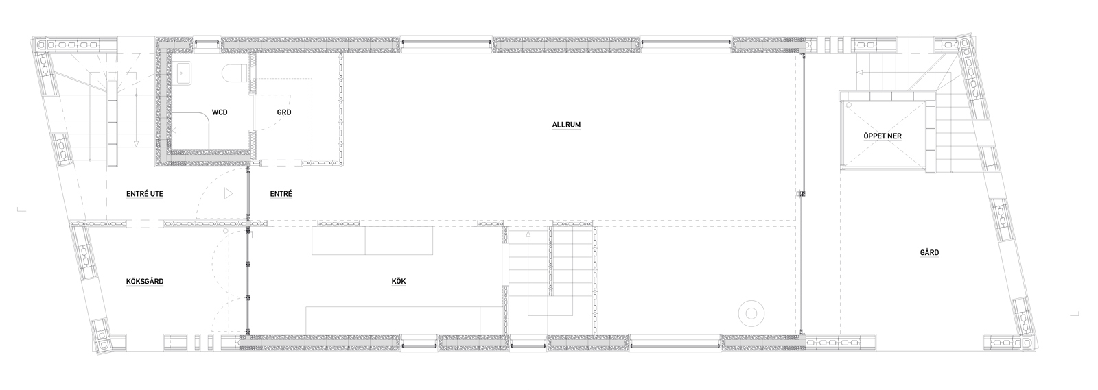 Første etasje plan av enebolig, arkitekt tegning.