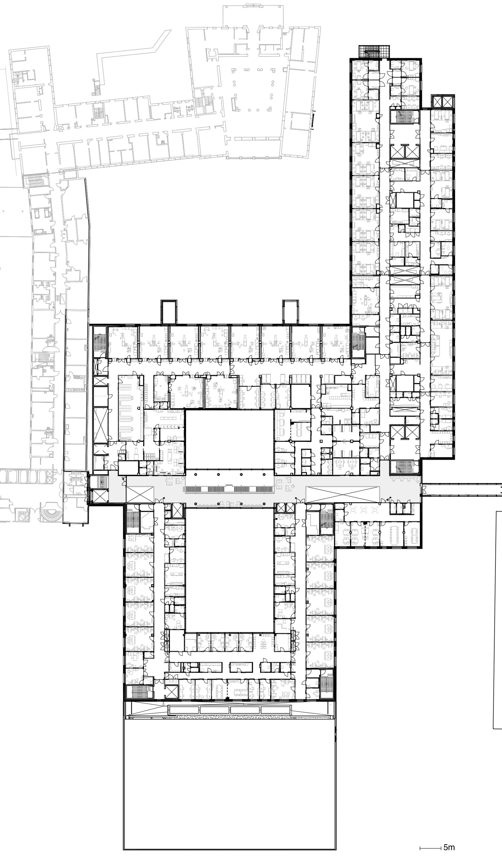 Plantegning av tredje etasje på Klinikk- og protonbygget Radiumhospitalet. Arkitekt tegning.