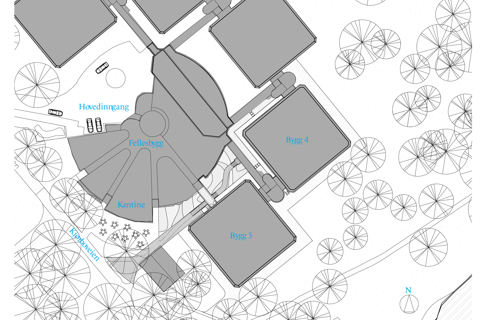 Situasjonsplan av flere bygg som henger sammen. Arkitekt tegning.