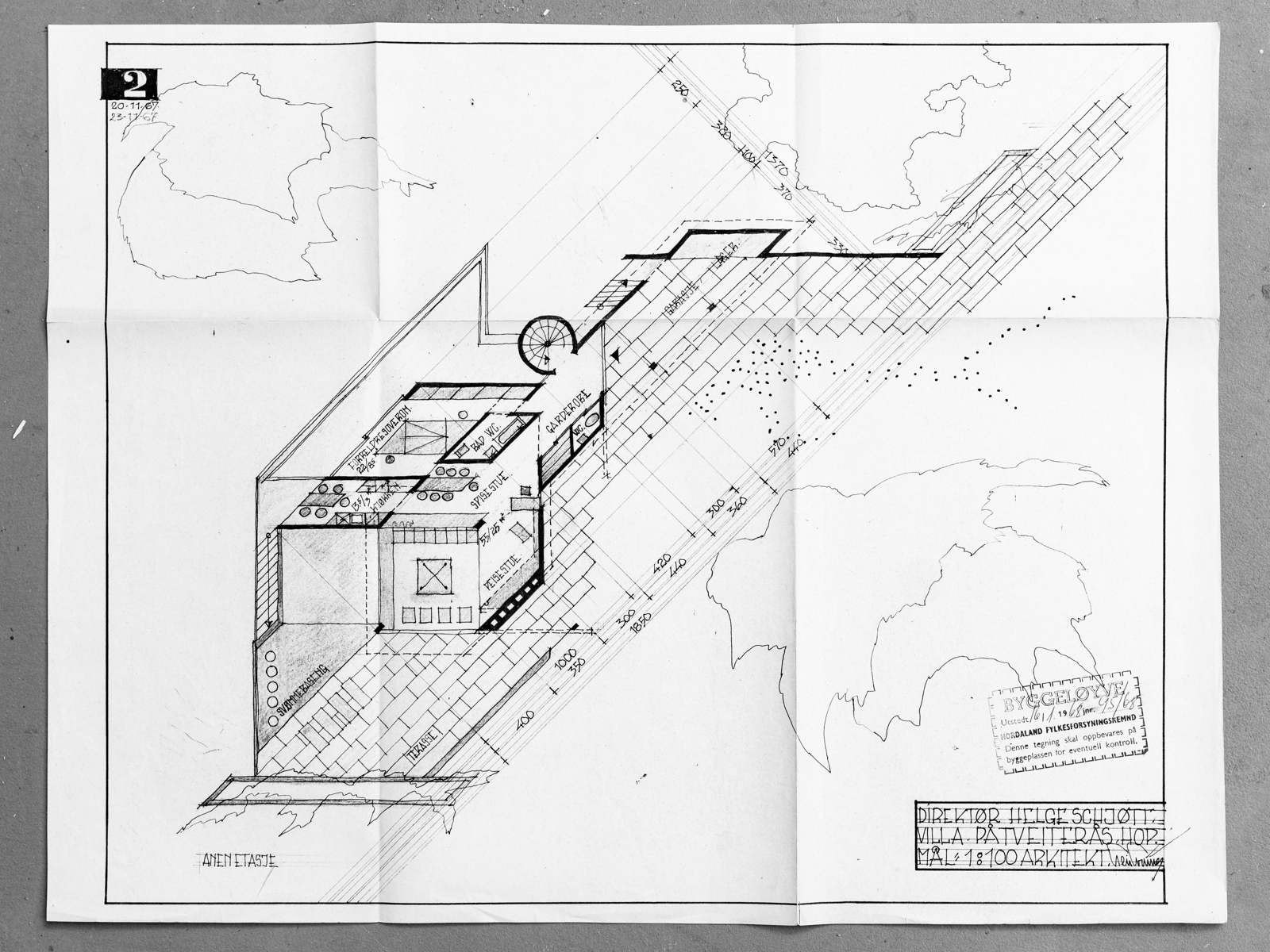 Plantegning av vill med ulike vinkler, håndtegnet, Arkitekt tegning.