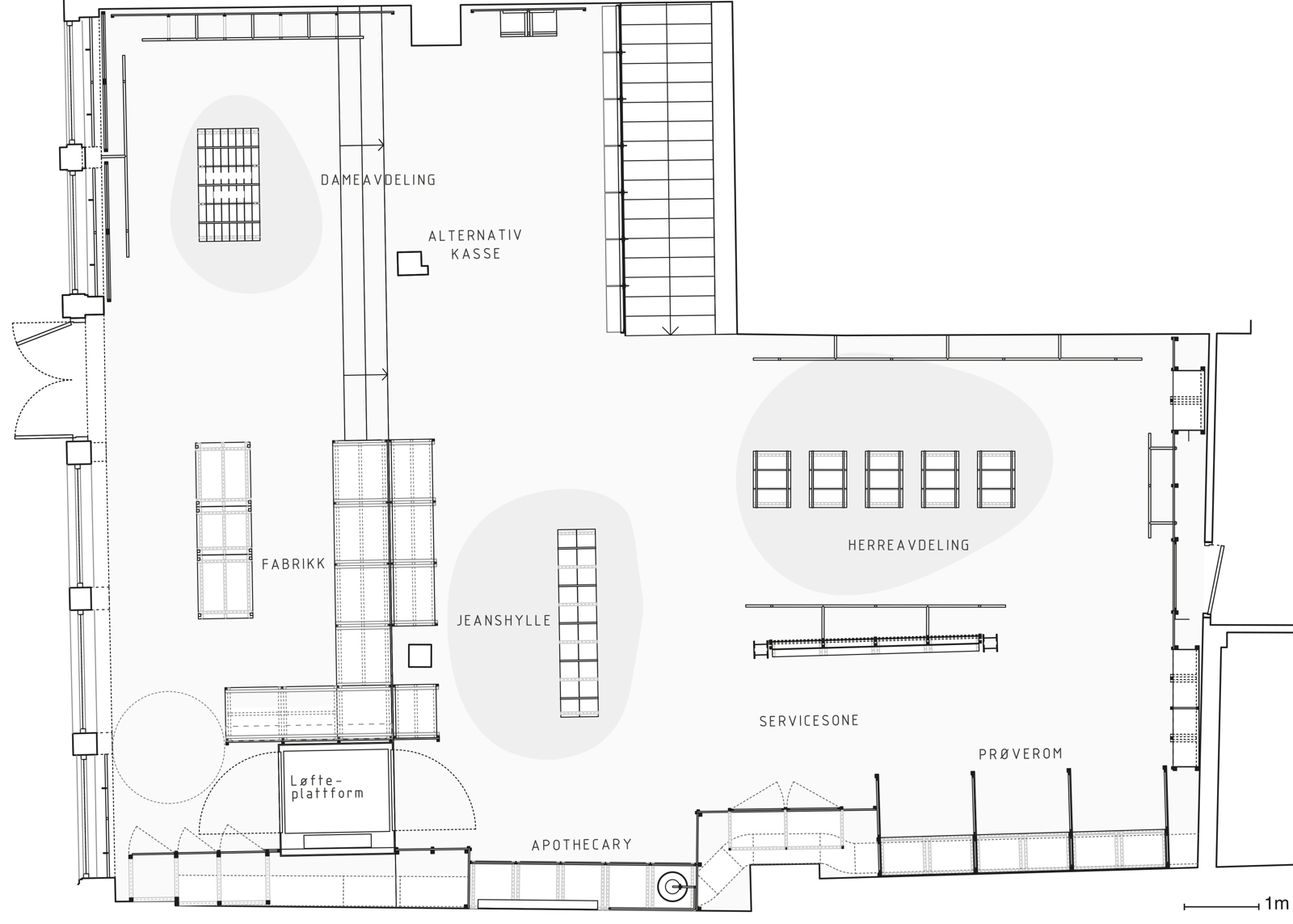 Plantegning av møblering av butikk og produksjonslokaler til Livid. Arkitekt tegning.