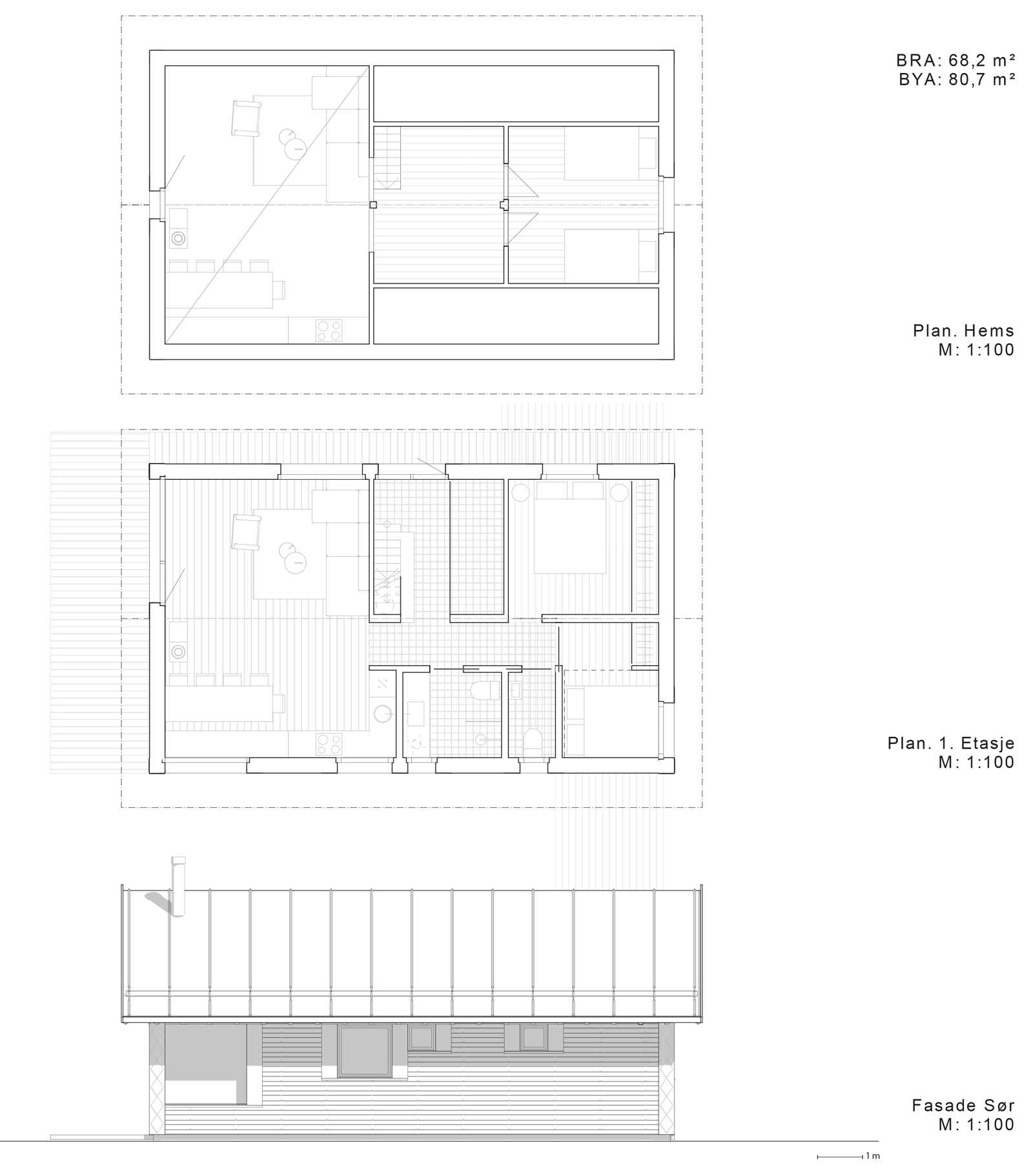 Plan tegning av første etasje og hems og fasade oppriss. Arkitekt tegning. 