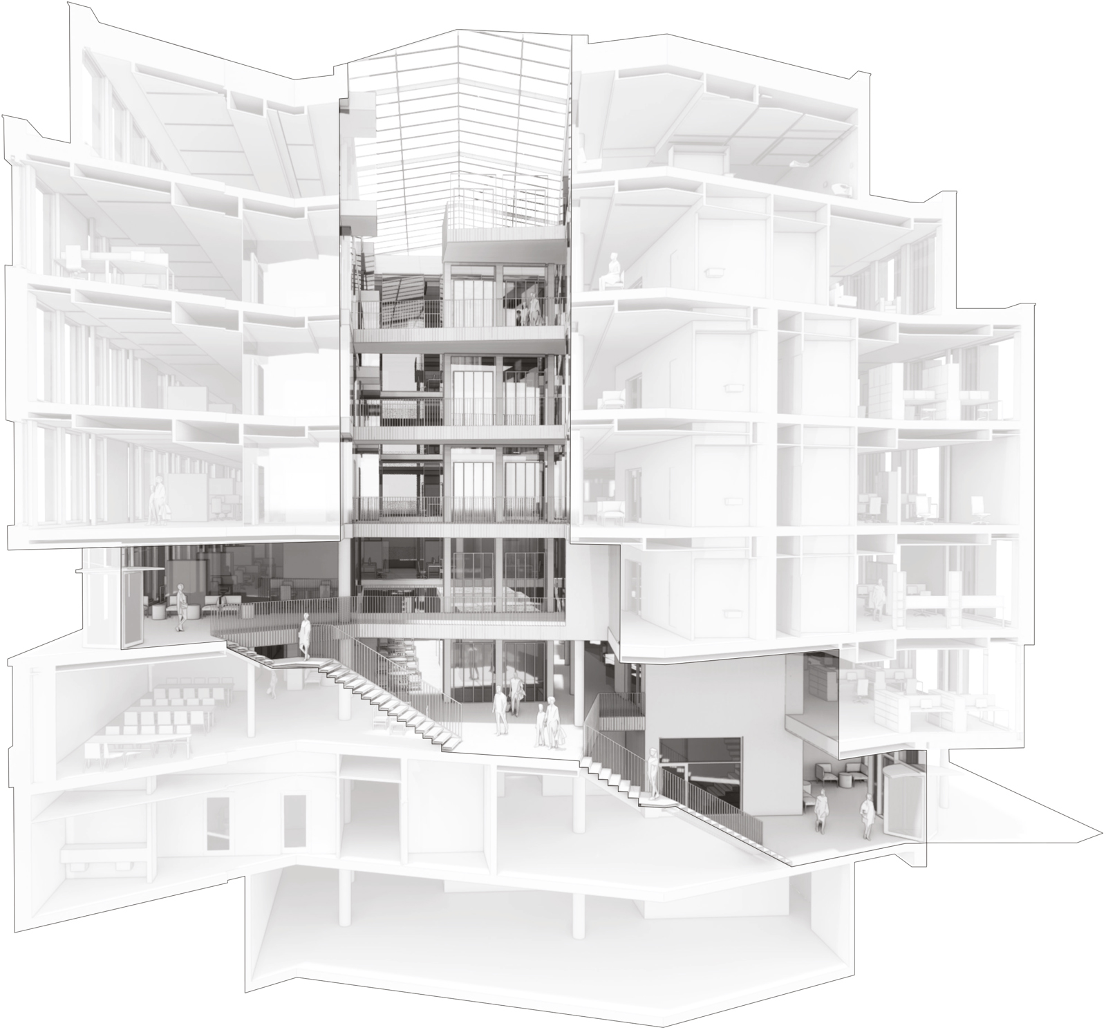 Snitt av kontorbygg med atrium i midten, med aksonometrisk dybde. Arkitekt tegning. 