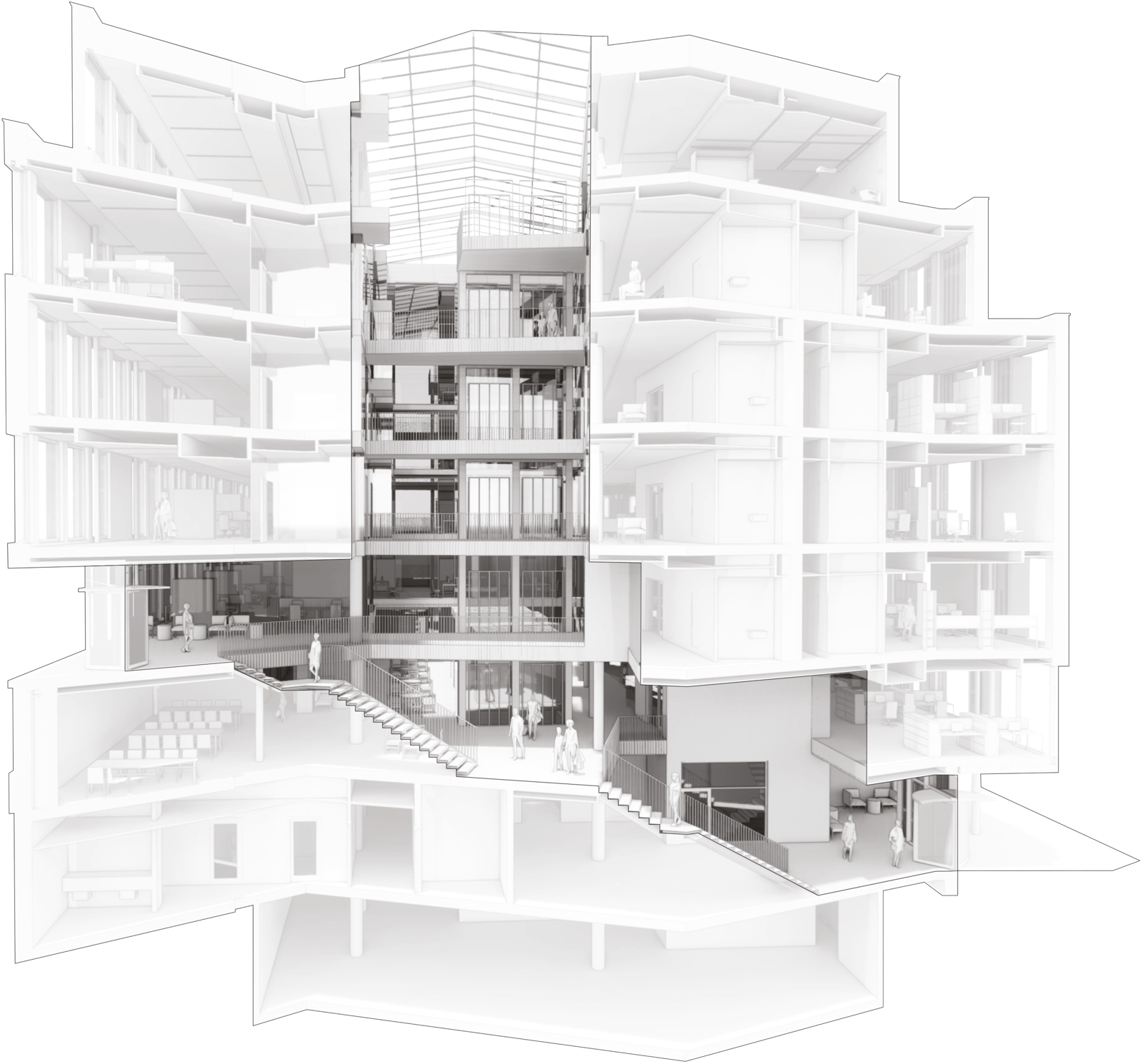 Snitt av kontorbygg med atrium i midten, med aksonometrisk dybde. Arkitekt tegning.