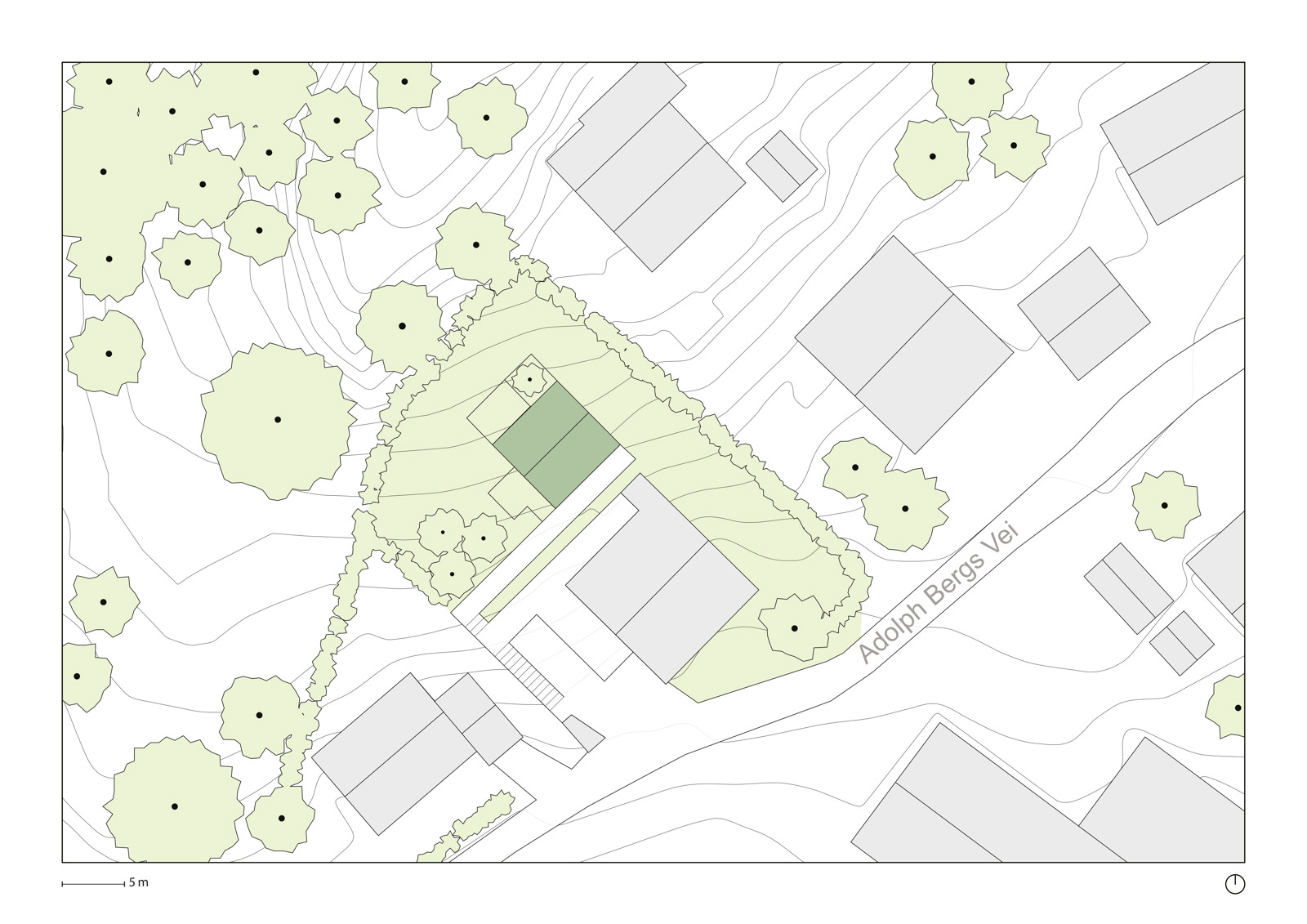 Plan som viser plassering av bolig i nabolagskontekst. Arkitekt tegning. 