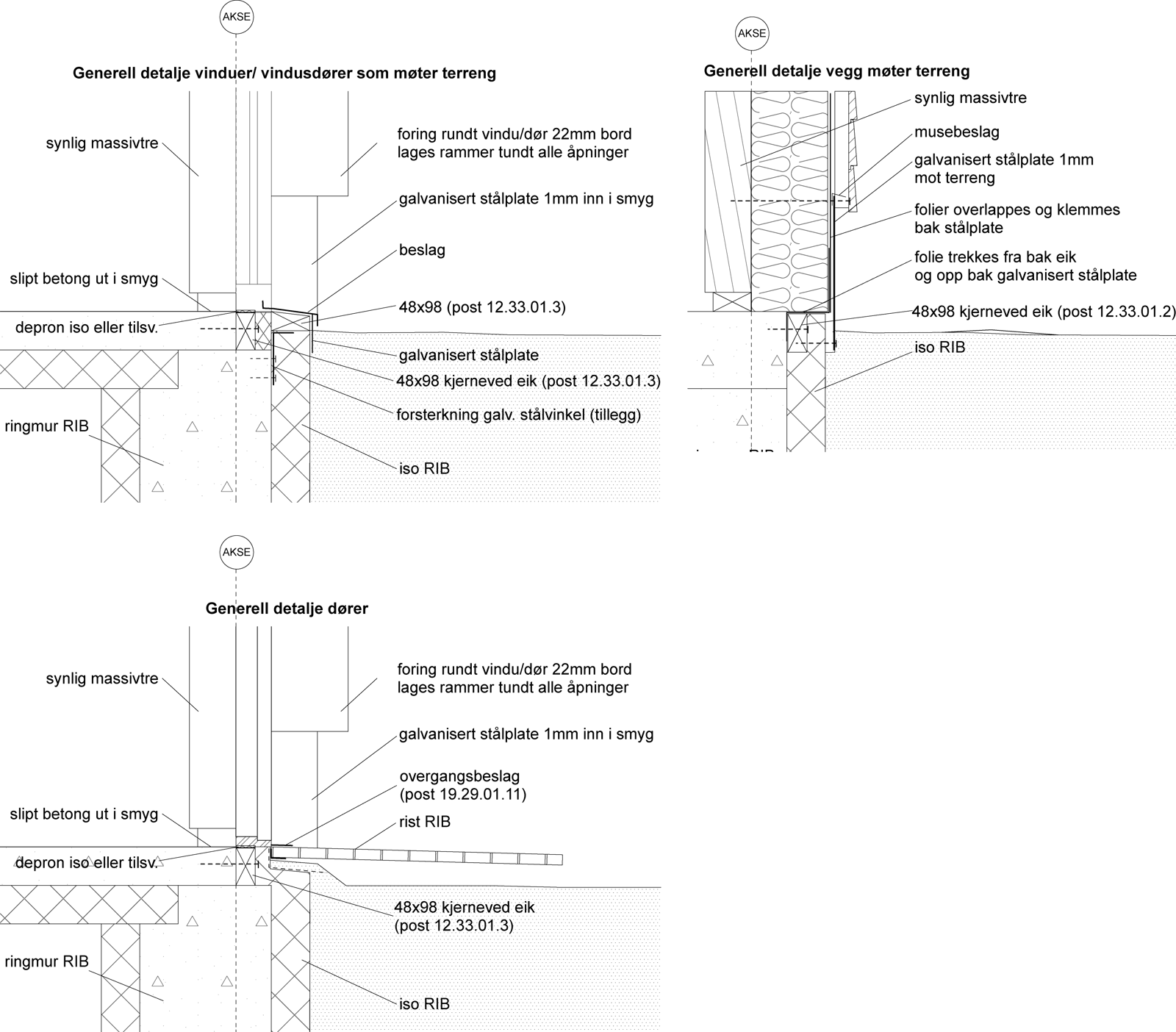 Tre byggningsdetaljer med beskrivelse. Arkitekt tegning. 