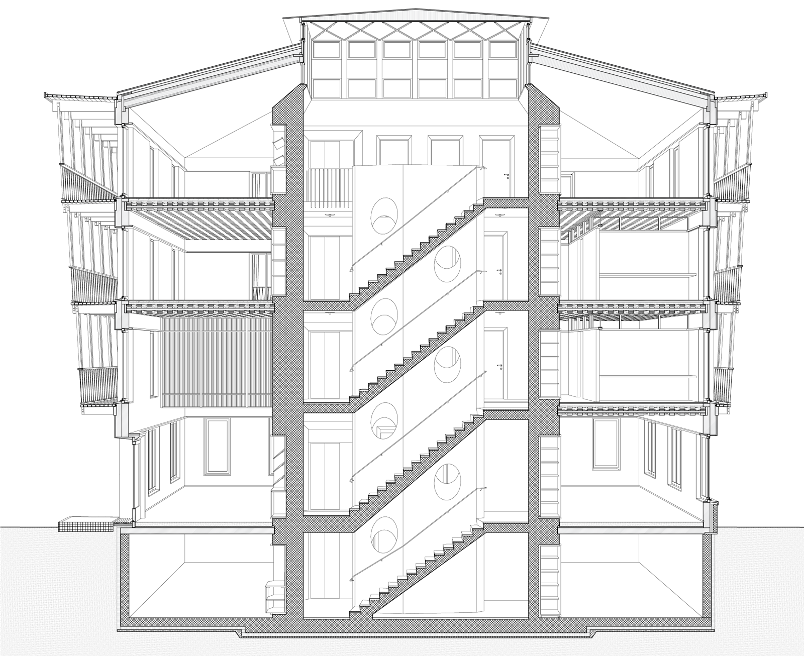 Snitt av kontorbygg med dybde. Arkitekt tegning.