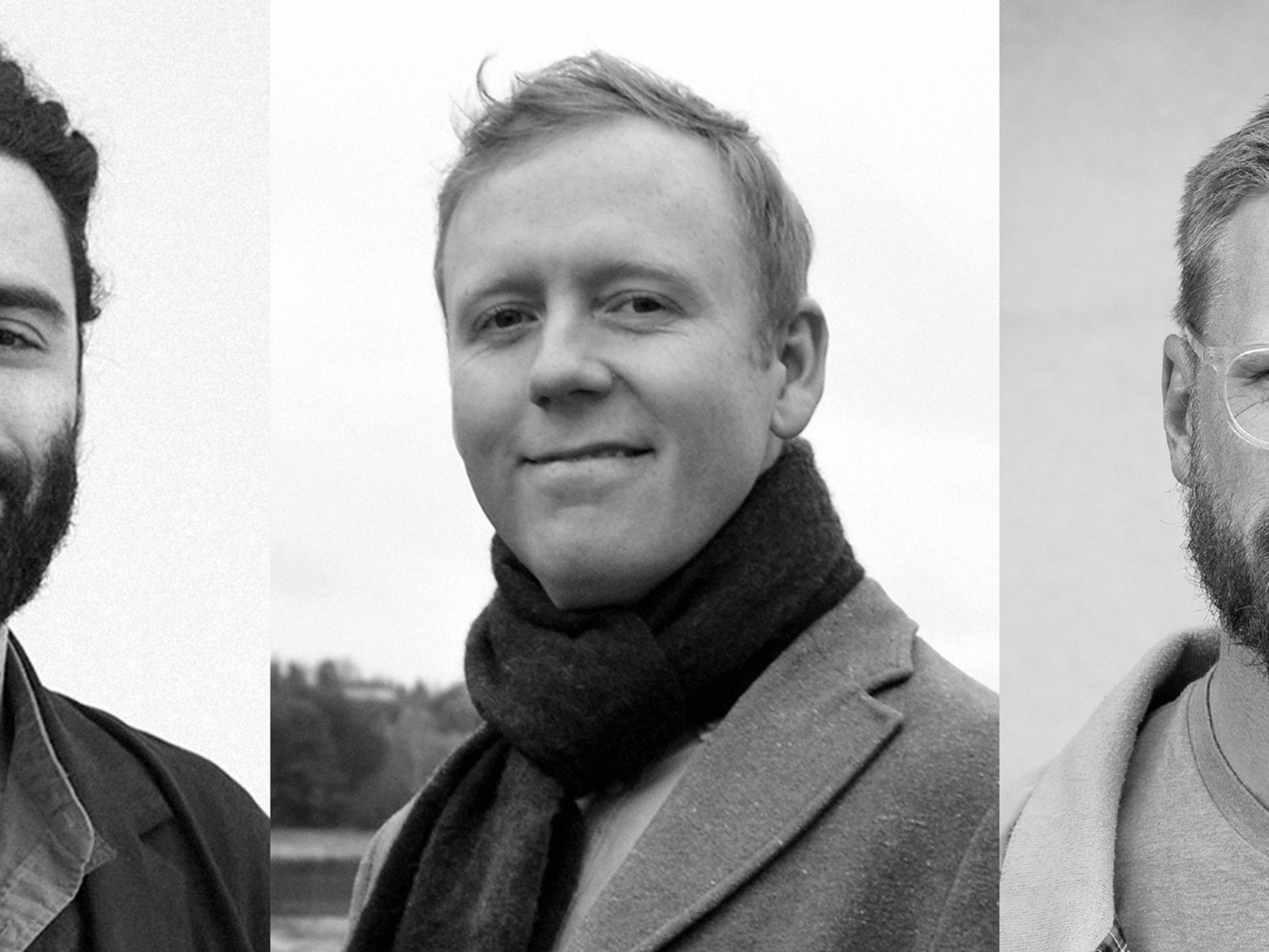 Portretter av Kai Reaver, Michael Anthony Curtis og Erlend Seilskjær, svart hvitt. 3 Foto satt sammen.