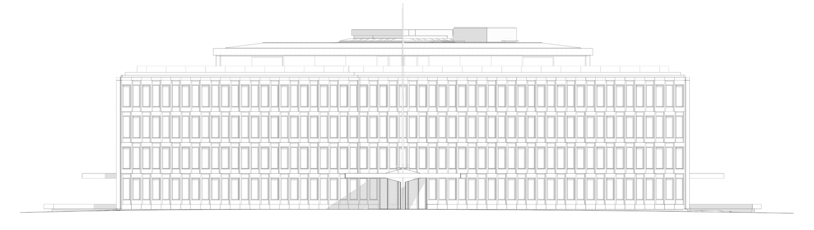 Arkitekt tegning av fasade på kontorbygg. 