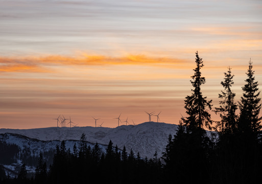 Fotografi som viser hvordan vindmøllene strekker seg over naturen i Øyfjellet vindkraftverk