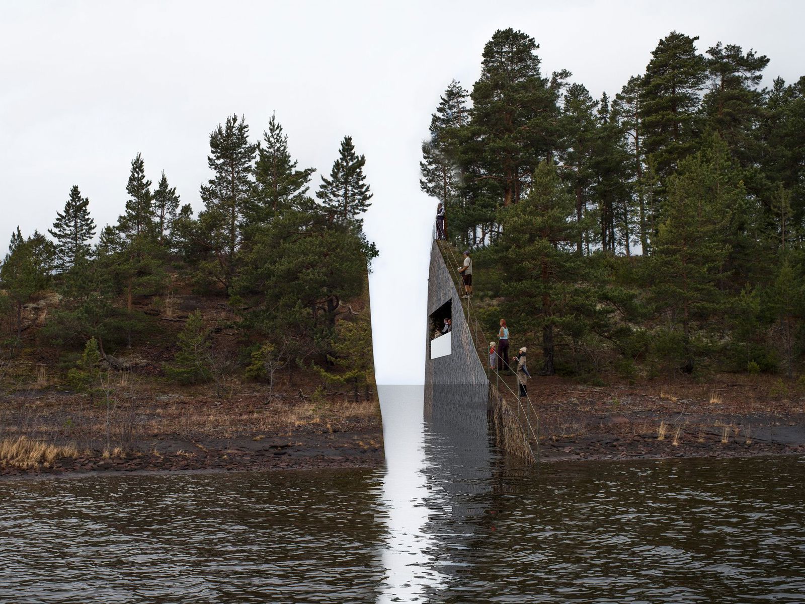 Illustrasjon som ser ekte ut viser en øy som er vertikalt delt i to med mennesker som står langs kanten og inne i en hule i den ene snitt siden. 