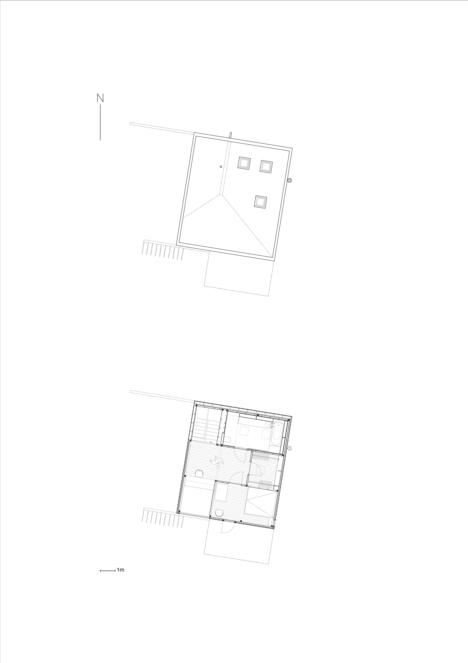 Plan av tak og tredje etasje på enebolig. Arkitekt tegning. 