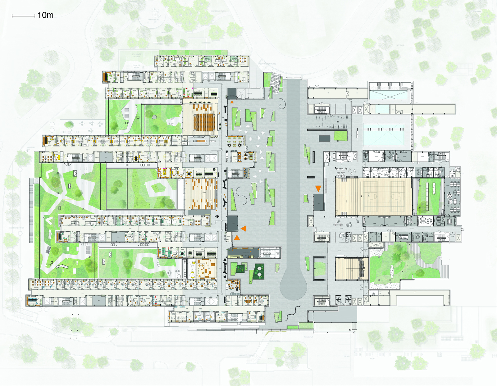 Første etasje plan over sykehuskomplekset Glasblokkene i Bergen. Arkitekt tegning.