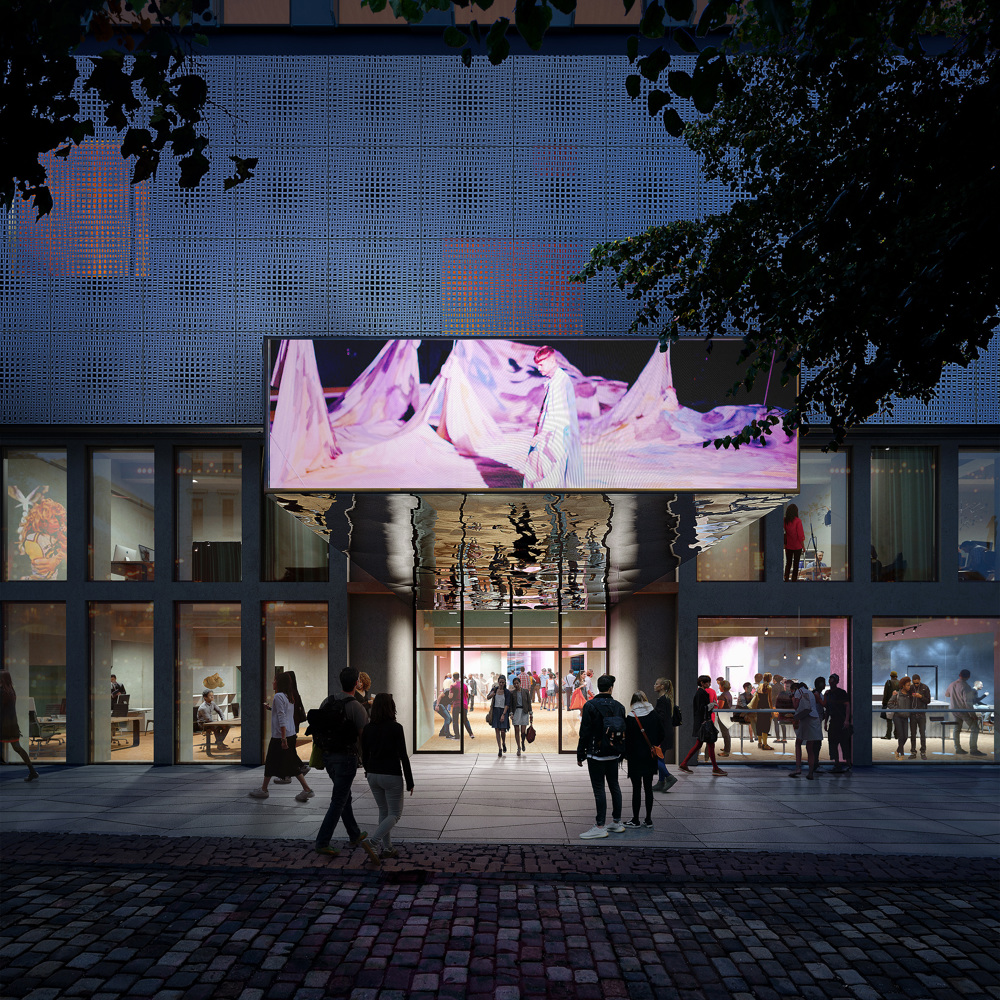 Visualisering av et inngangsparti med et yrende menneskeliv