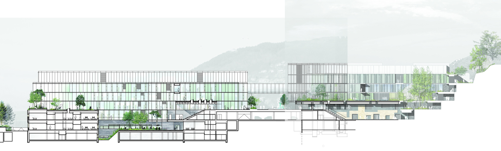 Snitt gjennom sykehuskomplekset Glasblokkene. Arkitekt tegning.