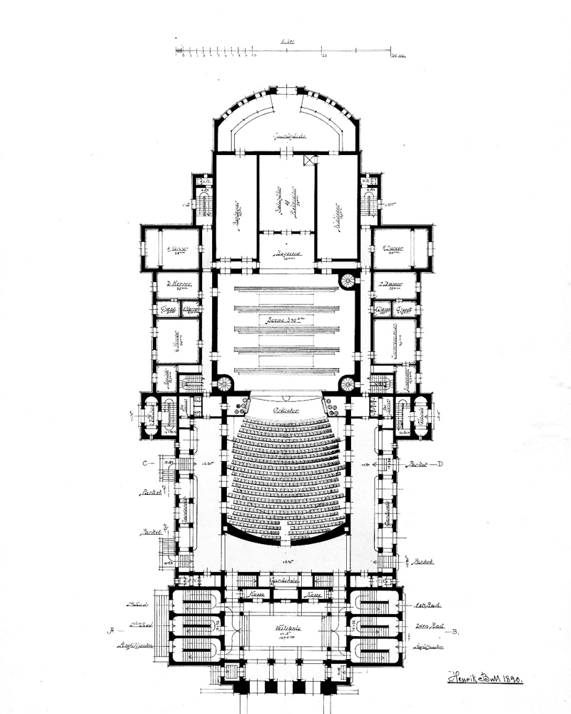 Plantegning av teater-bygning, arkitekt tegning, håndtegnet.
