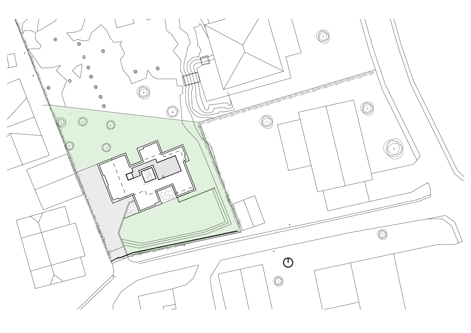 Utomhusplan, enebolig i kontekst. Arkitekt tegning.