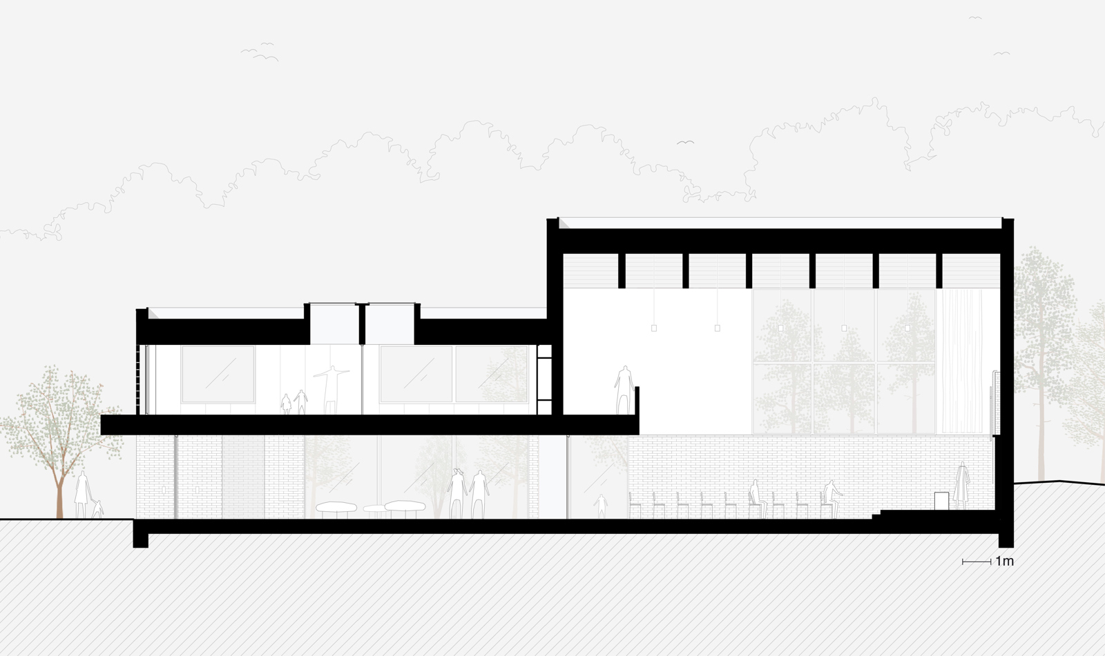 Langsnitt gjennom kirkebygg, arkitekt tegning.