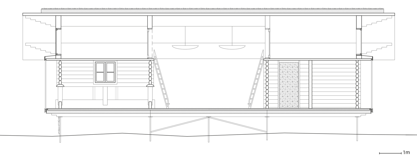 Langsnitt gjennom hytte. Arkitekt tegning.