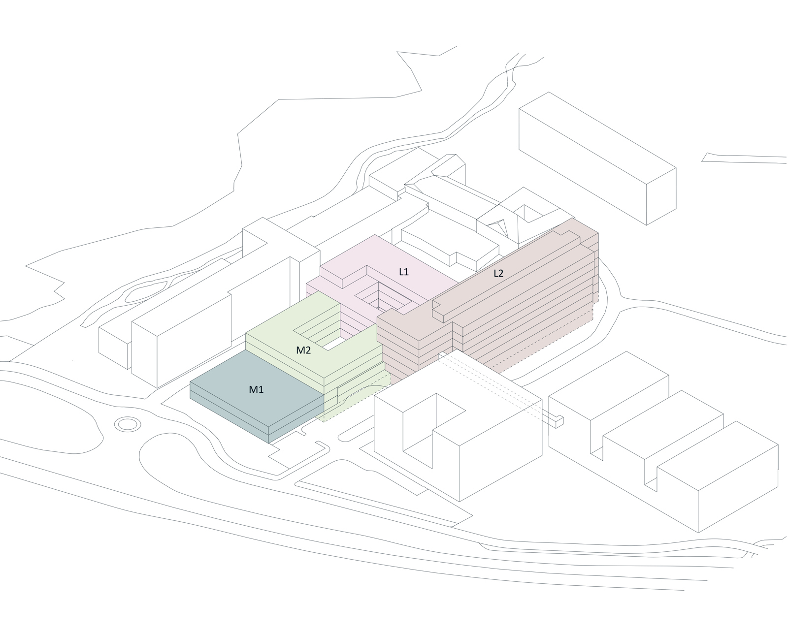 Aksonometrisk oversikts illustrasjon av de ulike funkajonene i klinikk- og protonbygget Radiumhospitalet. Arkitekt diagram.