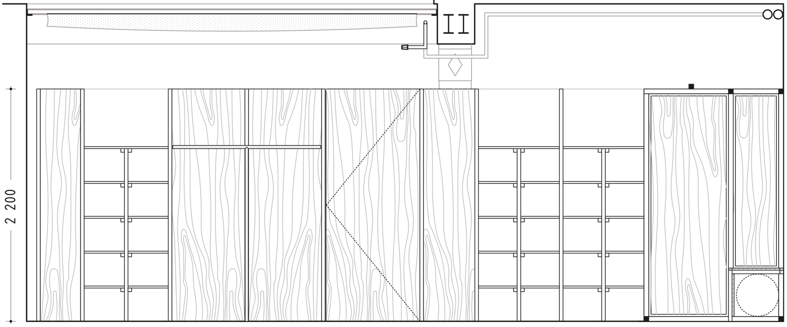Oppriss av skap seksjon. Arkitekt tegning.