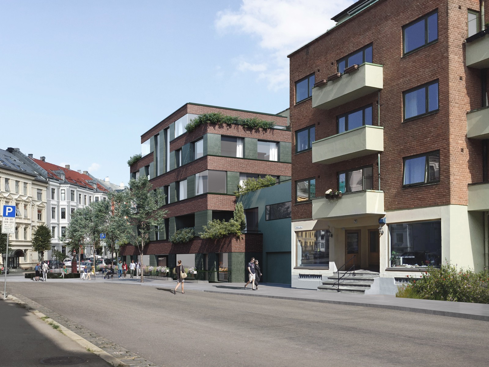 Illustrasjon av leilighetsbygget Balders plass på Frogner, tegnet av Einar Jarmund & Co.