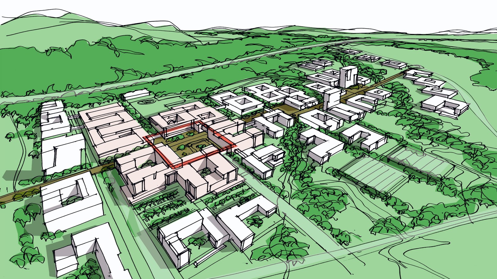 Håndskisse som viser et oversiktsbilde av Nye Stavanger Universitetssykehus i kontekst.