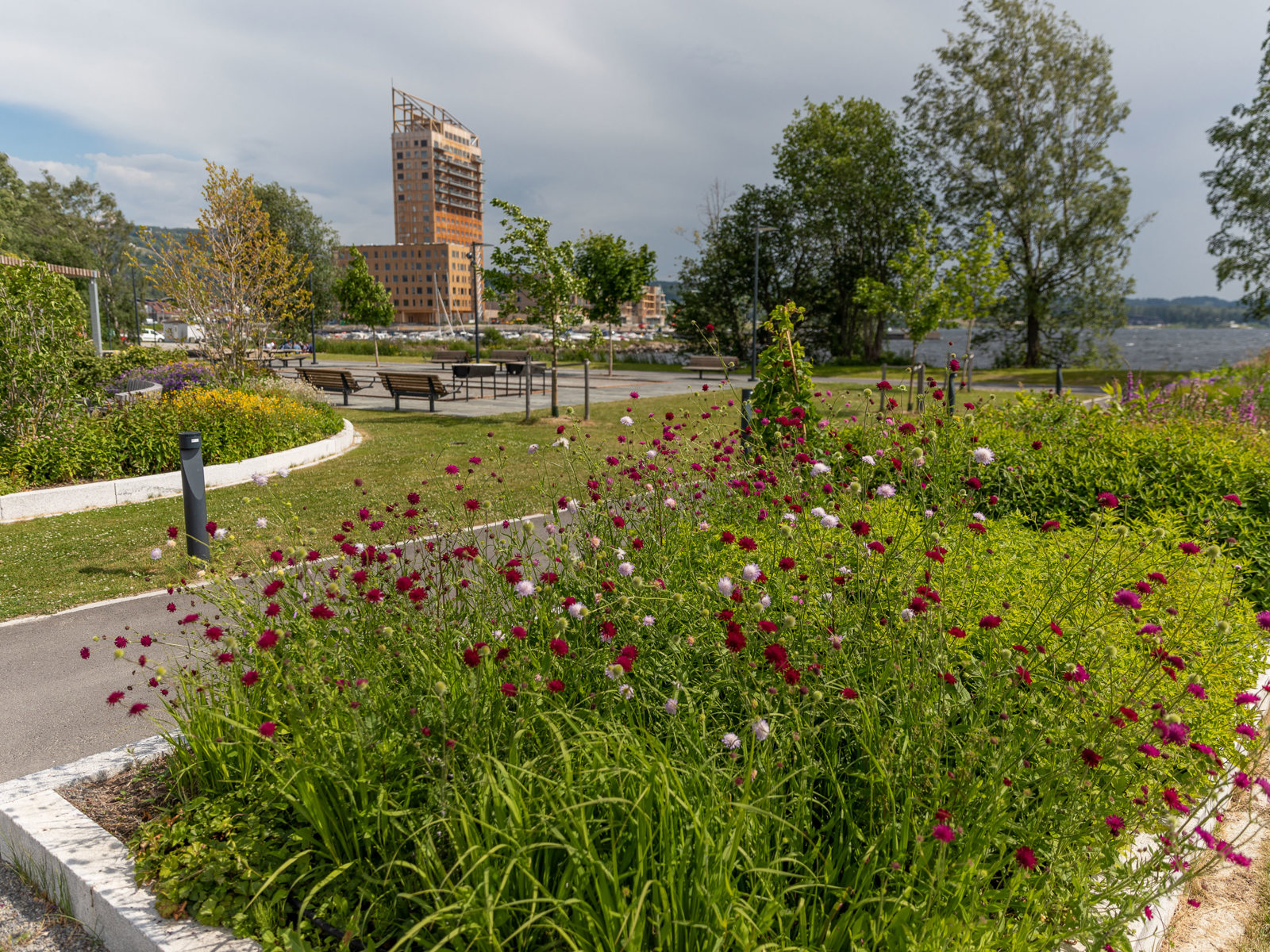 Foto av park, mange grønne planter i bedd, by i bakgrunnen.