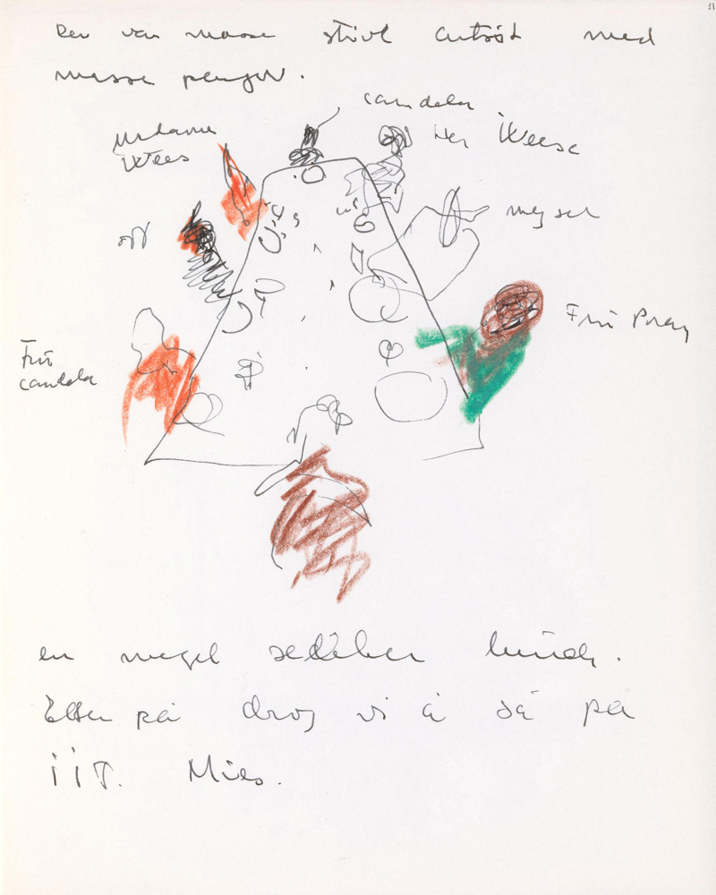 Skannet av side i skissebok med tekst og tegning.