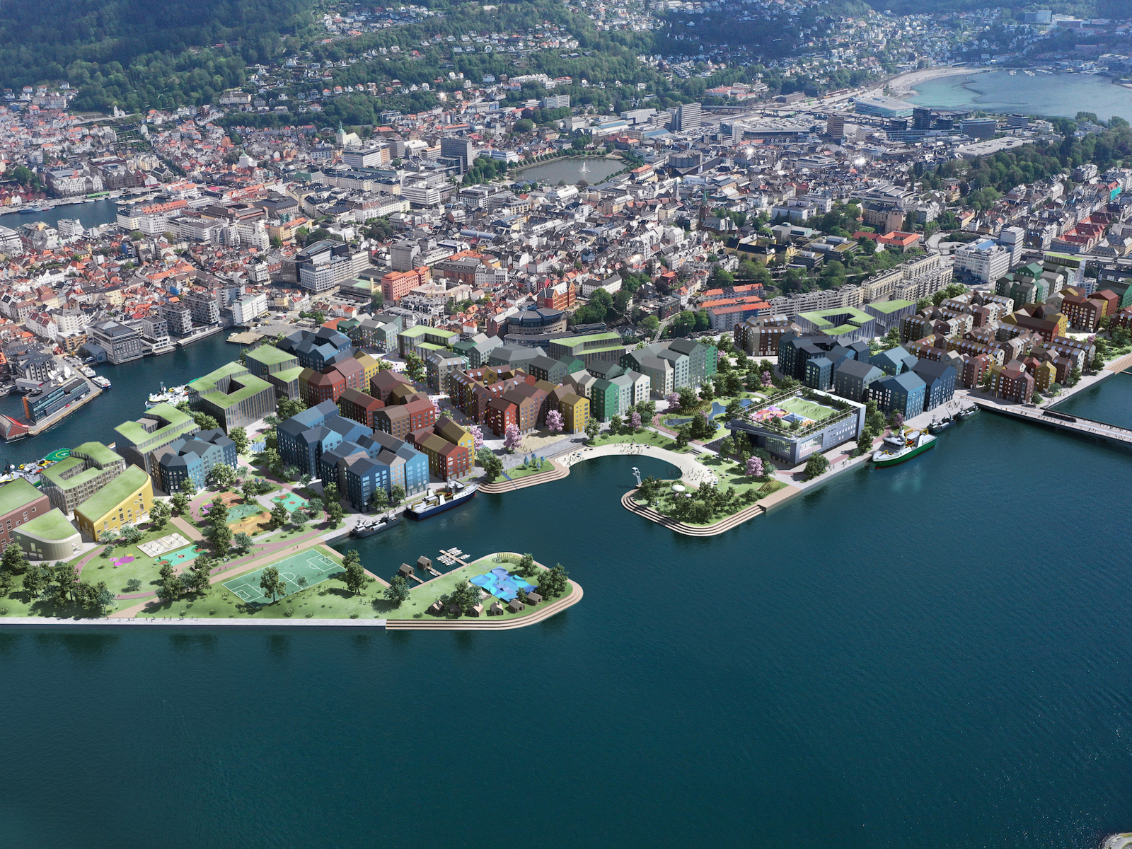 Oversiktsbilde av Dokken havneområde i Bergen. Illustrasjon: