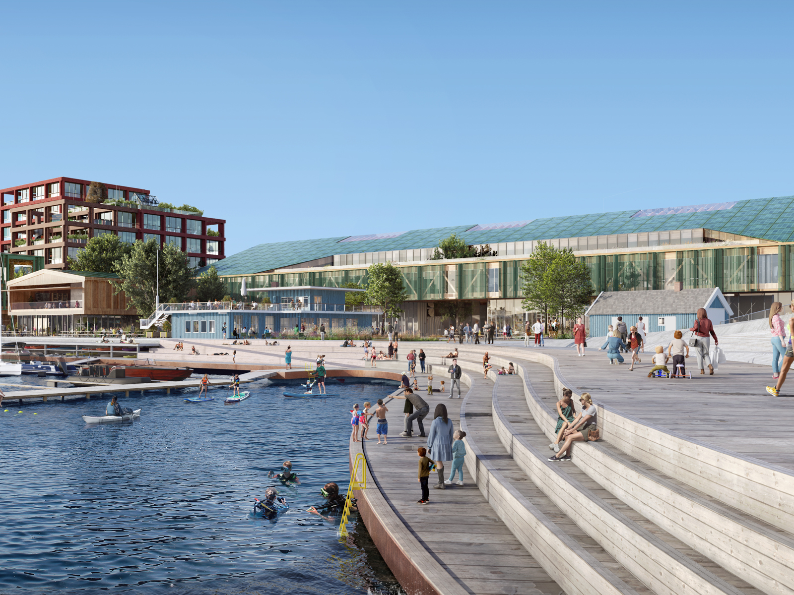Illustrasjon av vannkantprosjektet Fornebu brygge, sett fra bryggekanten.