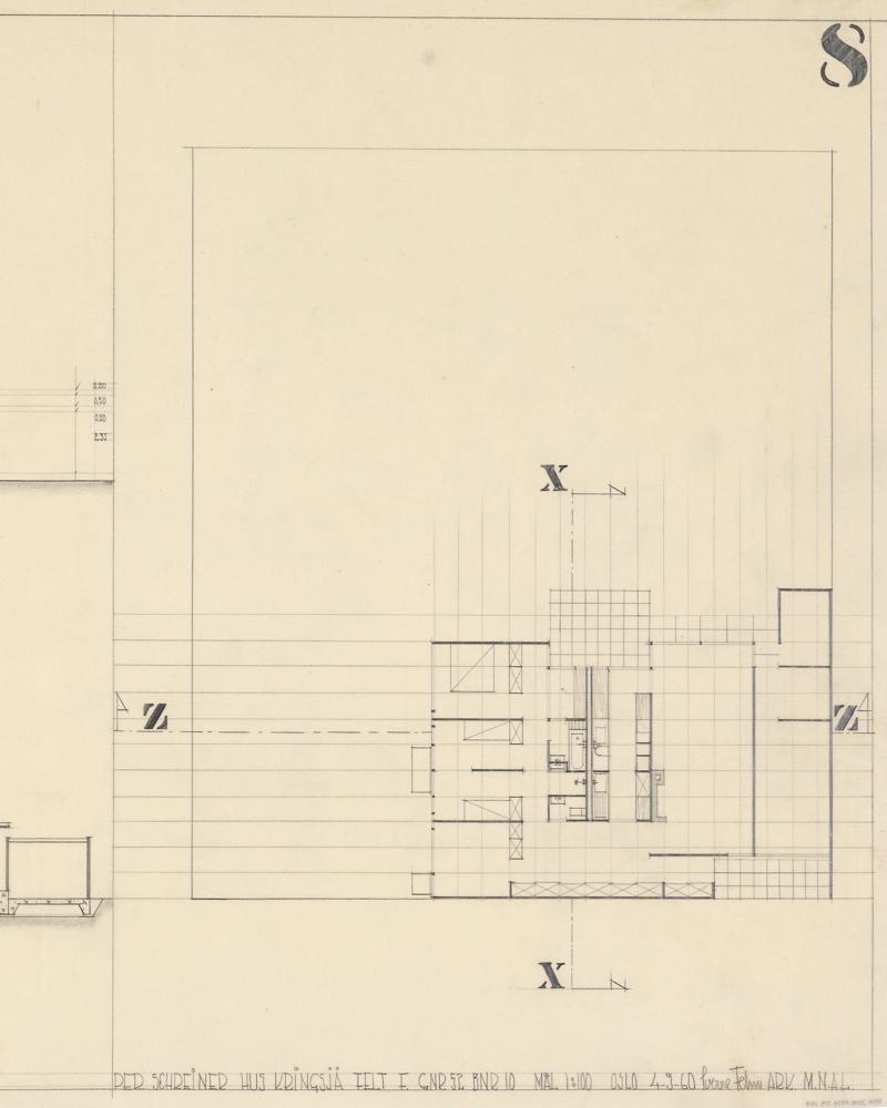 Arkitekt tegninger av en Villa, plan og snitt.