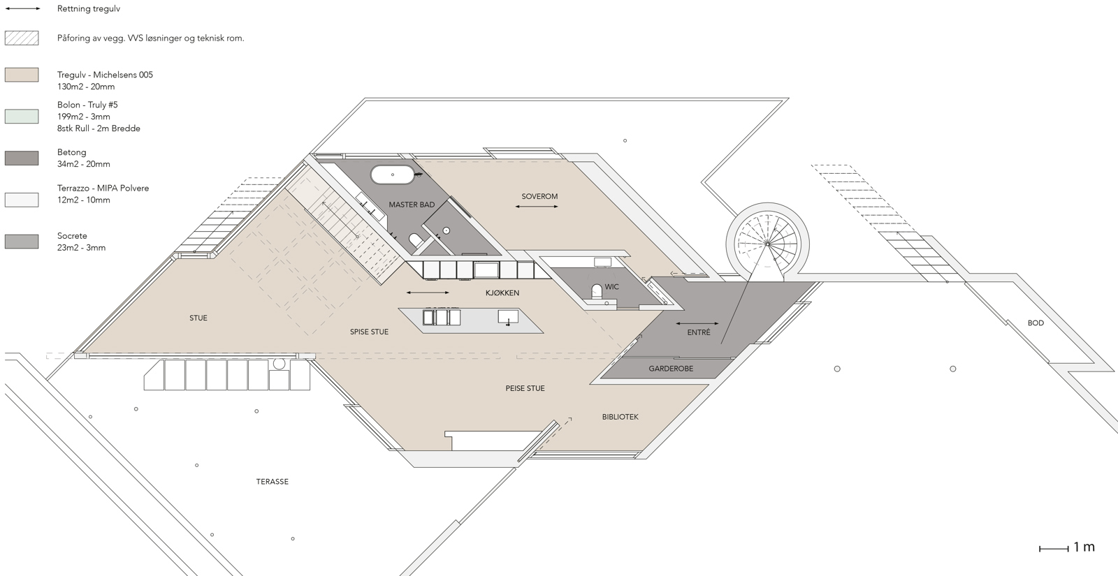 Plantegning av villa som har mange ulike vinkler og viser materialer. Interiør arkitekt tegning.