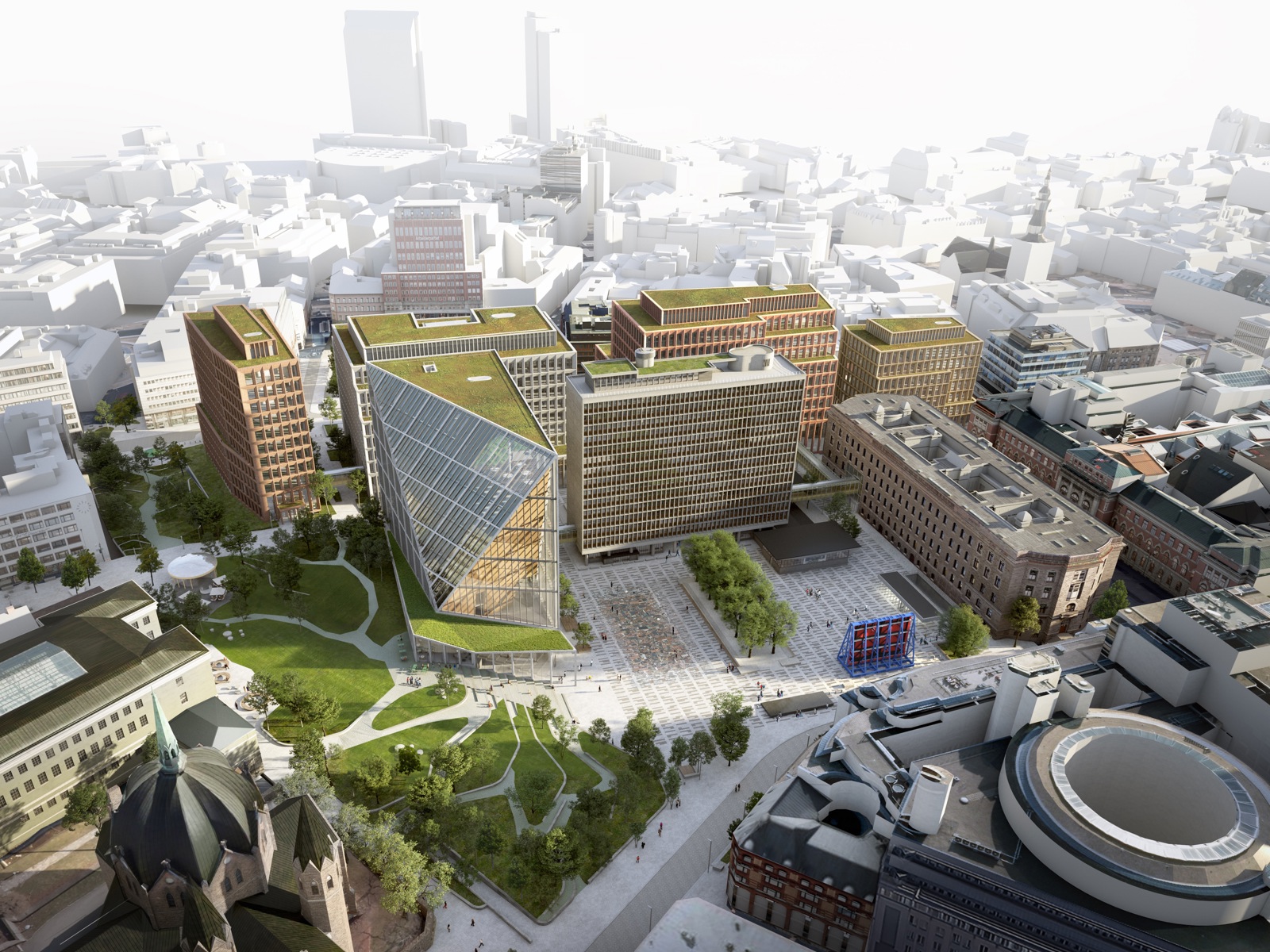 Digital illustrasjon av regjeringskvartalet sett i fugleperspektiv