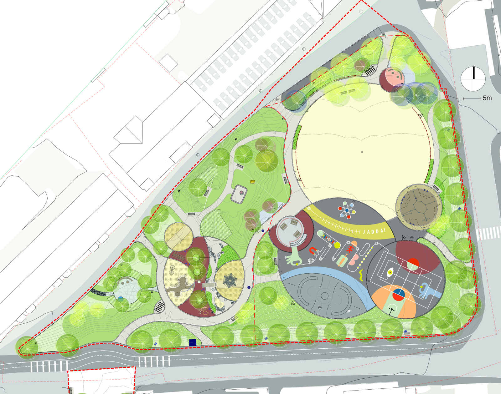 Landskapsplan av Buranbanen aktivitetspark, arkitekt tegning med farger og tekst.