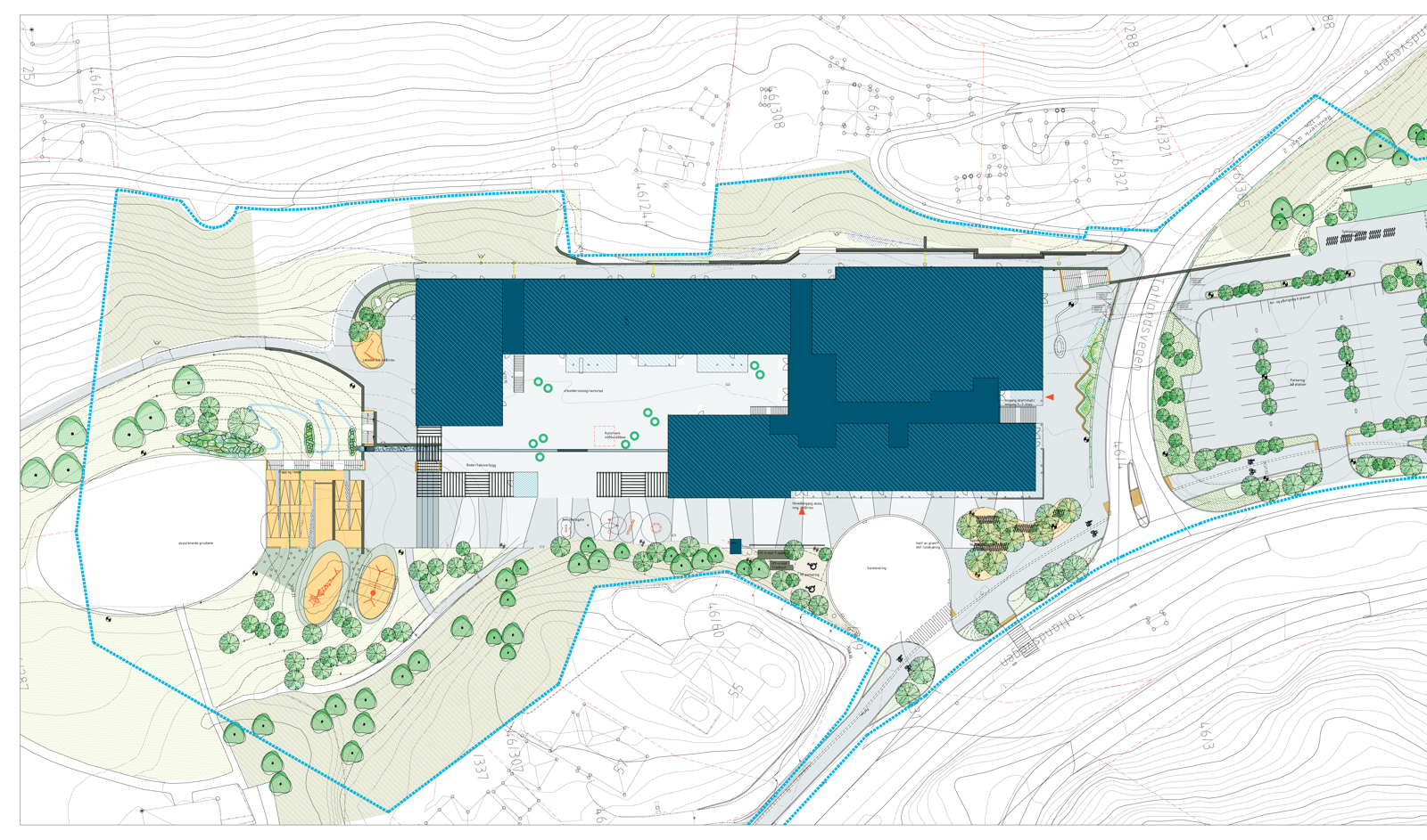 Landskapsplan over skole. Arkitekt tegning.