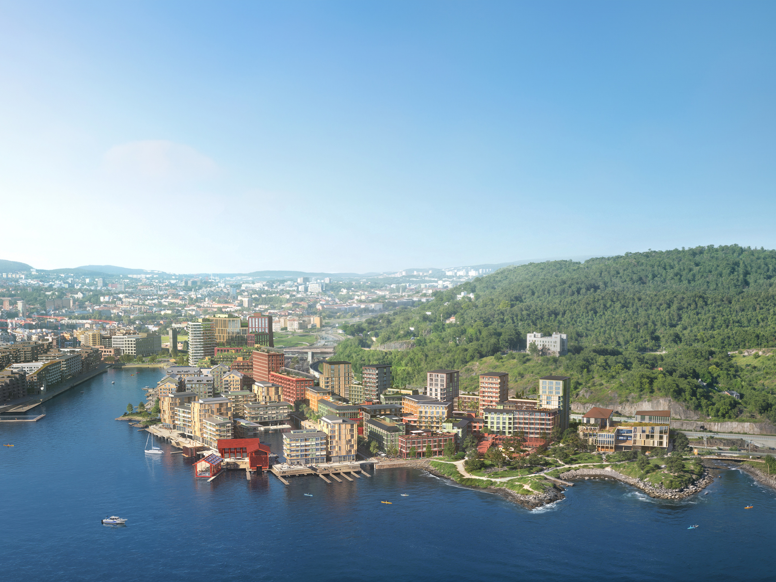 Arkitektur rendering av havneby, boliger ut i fjorden, oversiktsbilde.